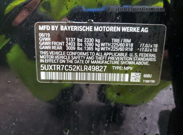 5UXTR7C52KLR49827 2019 BMW X3 Черный Вид наклейки с VIN-кодом