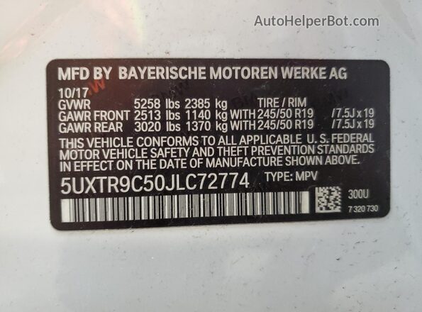 5UXTR9C50JLC72774 2018 BMW X3 White Vista de la etiqueta del VIN