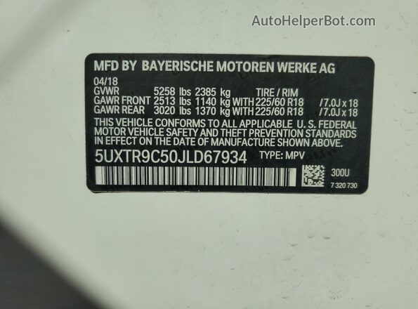 5UXTR9C50JLD67934 2018 BMW X3 White 