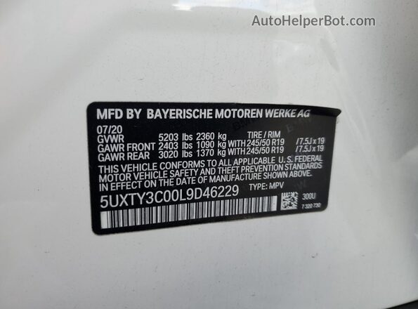 5UXTY3C00L9D46229 2020 BMW X3 White VIN sticker view