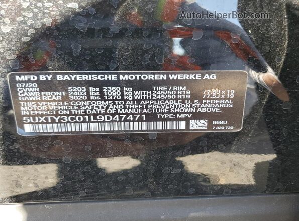 5UXTY3C01L9D47471 2020 BMW X3 Black სალონის 360-გრადუსიანი ხედი