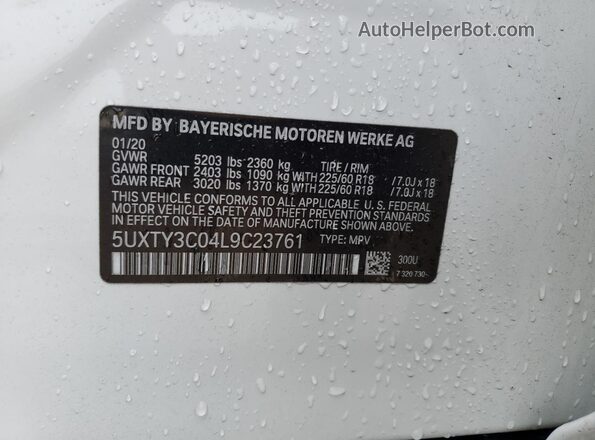 5UXTY3C04L9C23761 2020 BMW X3 White VIN sticker view