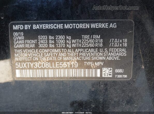 5UXTY3C08LLE55119 2020 BMW X3 Black Engine compartment view