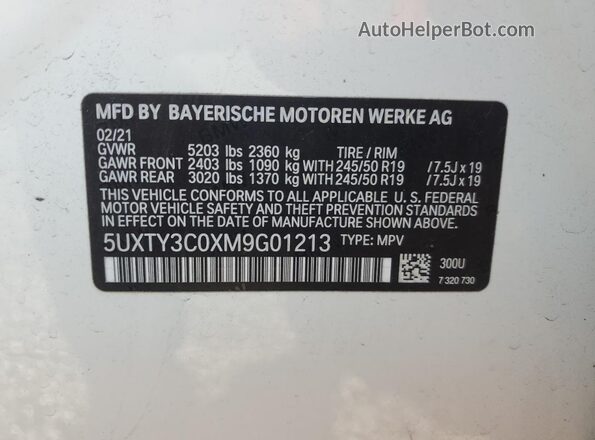 5UXTY3C0XM9G01213 2021 BMW X3 White 360 interior view