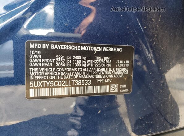 5UXTY5C02LLT38533 2020 BMW X3 Blue VIN კოდის სტიკერის ხედი