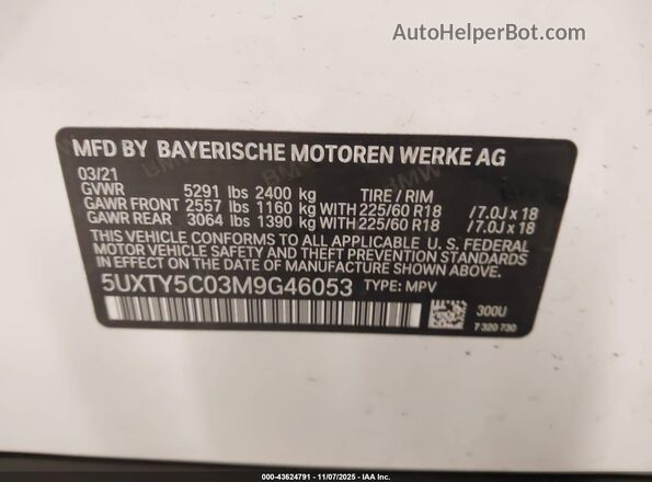 5UXTY5C03M9G46053 2021 BMW X3 White 