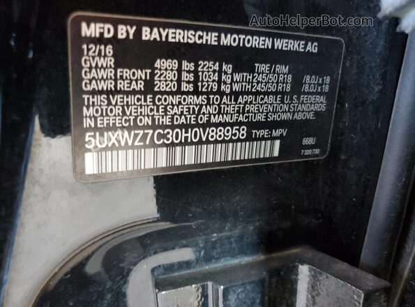 5UXWZ7C30H0V88958 2017 BMW X3 Black Vista de la etiqueta del VIN