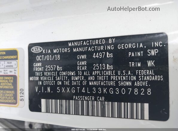 5XXGT4L33KG307828 2019 KIA OPTIMA White Вид підкапотного простору