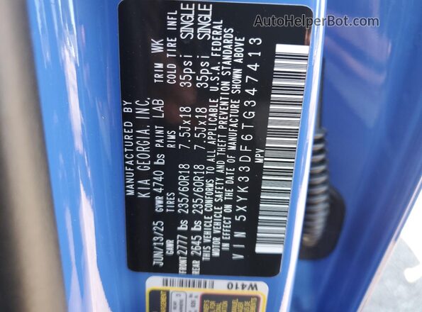 5XYK33DF6TG347413 2026 KIA SPORTAGE Blue Widok naklejki z numerem VIN