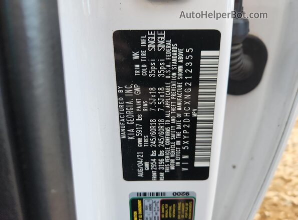 5XYP2DHCXNG212355 2022 KIA TELLURIDE White Vista interior de 360 grados