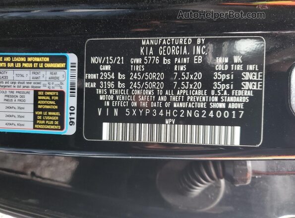 5XYP34HC2NG240017 2022 KIA TELLURIDE Black Widok wnętrza 360 stopni