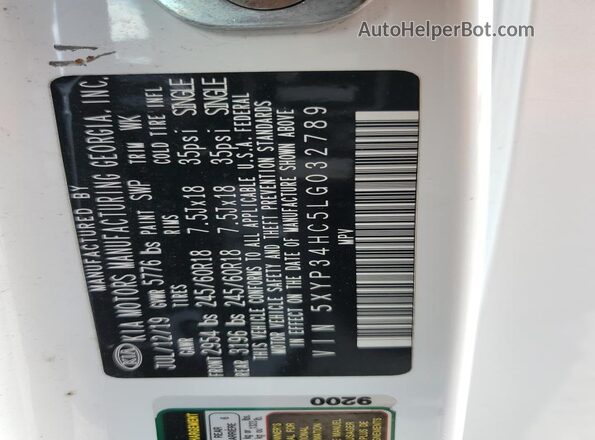 5XYP34HC5LG032789 2020 KIA TELLURIDE White Панорамний вид салону 360°