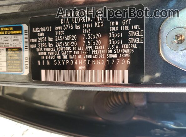 5XYP34HC6NG212706 2022 KIA TELLURIDE Gray Вид наклейки з VIN-кодом