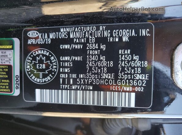 5XYP3DHC0LG013602 2020 KIA TELLURIDE Black VIN კოდის სტიკერის ხედი