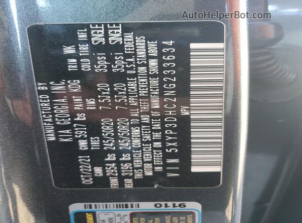 5XYP3DHC2NG233634 2022 KIA TELLURIDE Black VIN კოდის სტიკერის ხედი