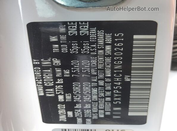 5XYP54HC1NG302615 2022 KIA TELLURIDE White Вид наклейки з VIN-кодом