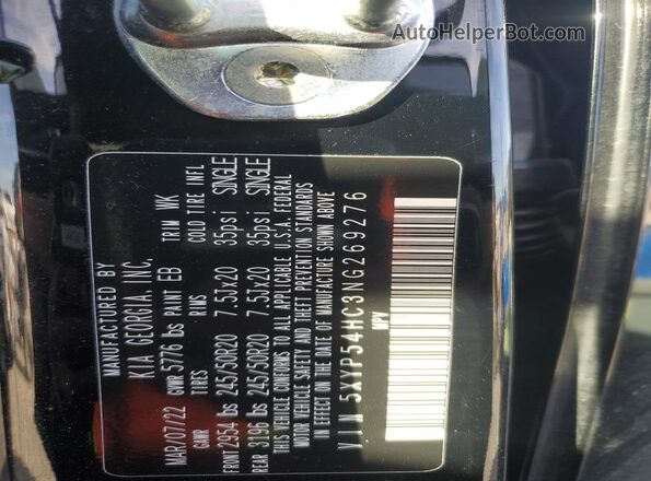 5XYP54HC3NG269276 2022 KIA TELLURIDE Black Вид наклейки з VIN-кодом