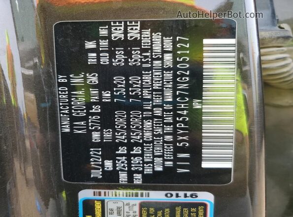 5XYP54HC7NG205127 2022 KIA TELLURIDE Gray Widok naklejki z numerem VIN