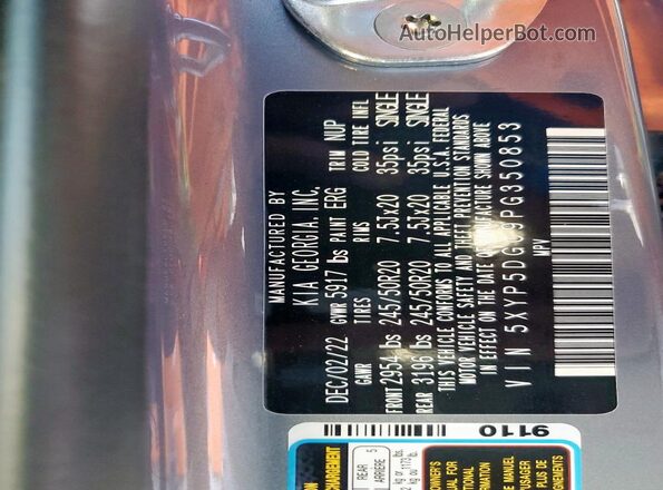 5XYP5DGC9PG350853 2023 KIA TELLURIDE Gray Widok naklejki z numerem VIN