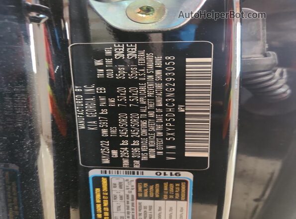 5XYP5DHC3NG293058 2022 KIA TELLURIDE Black Вид наклейки з VIN-кодом