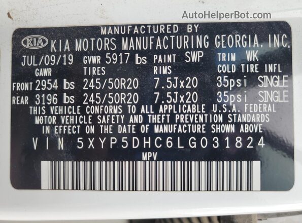 5XYP5DHC6LG031824 2020 KIA TELLURIDE White Widok wnętrza 360 stopni