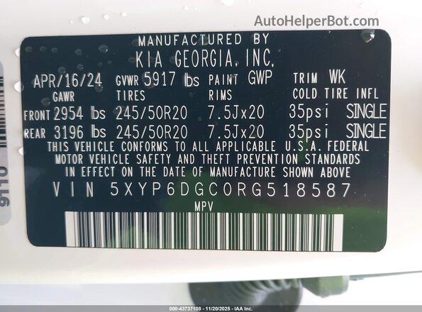 5XYP6DGC0RG518587 2024 KIA TELLURIDE White Engine compartment view