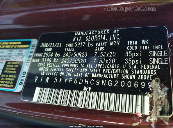 5XYP6DHC9NG200699 2022 KIA TELLURIDE Burgundy Vista del compartimento del motor