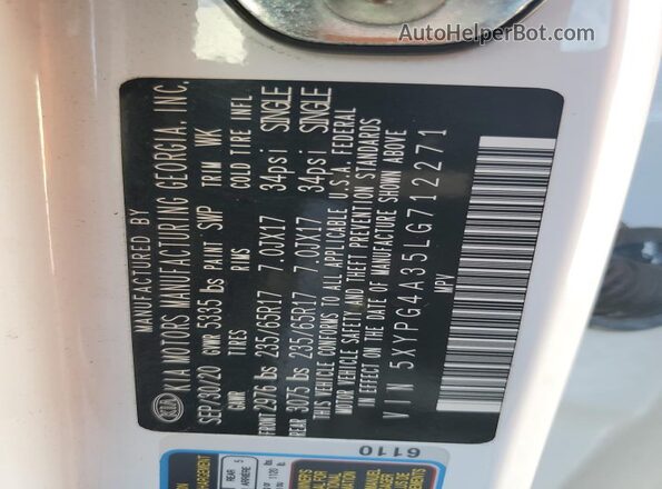 5XYPG4A35LG712271 2020 KIA SORENTO White VIN sticker view
