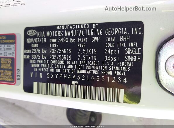 5XYPH4A52LG651234 2020 KIA SORENTO White Vista del compartimento del motor