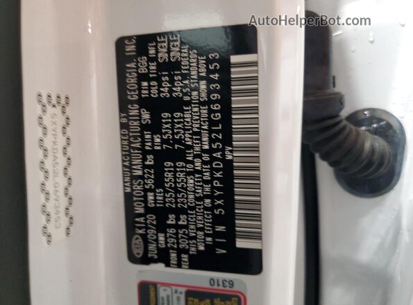 5XYPKDA52LG693453 2020 KIA SORENTO White Widok naklejki z numerem VIN