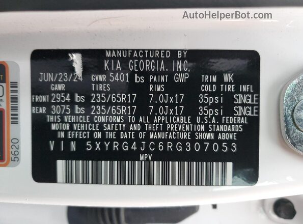 5XYRG4JC6RG307053 2024 KIA SORENTO White Vista de la etiqueta del VIN