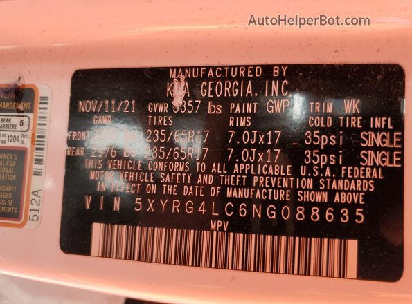 5XYRG4LC6NG088635 2022 KIA SORENTO White VIN կոդի պիտակի տեսք