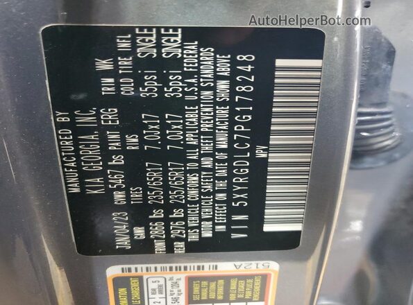 5XYRGDLC7PG178248 2023 KIA SORENTO Gray VIN sticker view