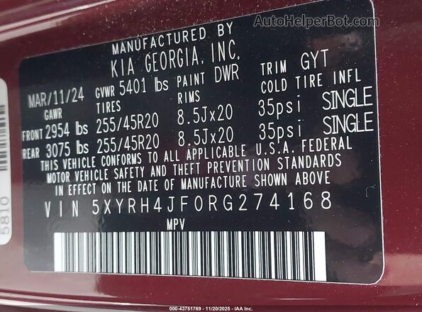 5XYRH4JF0RG274168 2024 KIA SORENTO Maroon Շարժիչի բաժամունքի տեսք