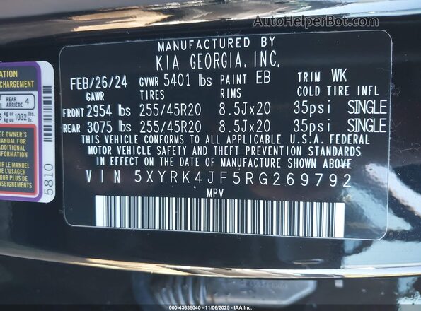 5XYRK4JF5RG269792 2024 KIA SORENTO Black Շարժիչի բաժամունքի տեսք