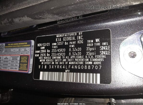 5XYRK4LF4NG088707 2022 KIA SORENTO Black Շարժիչի բաժամունքի տեսք