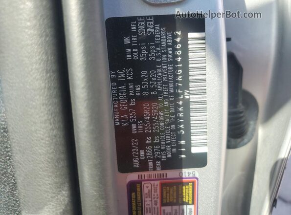 5XYRK4LF7NG148642 2022 KIA SORENTO Gray VIN sticker view