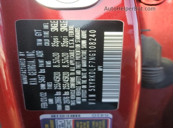 5XYRKDLF7NG108240 2022 KIA SORENTO Red Vista del compartimento del motor