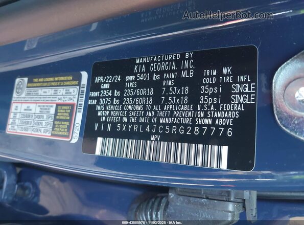 5XYRL4JC5RG287776 2024 KIA SORENTO Blue Vista del compartimento del motor