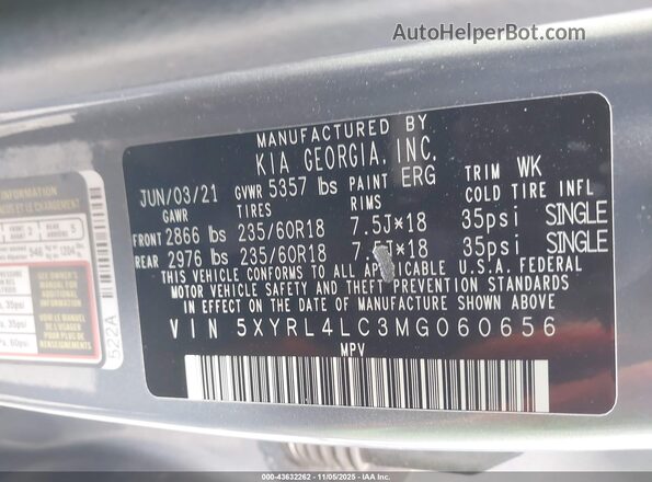 5XYRL4LC3MG060656 2021 KIA SORENTO Gray Engine compartment view