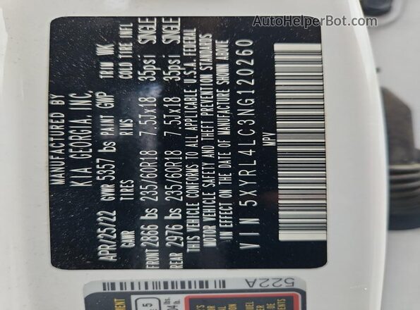 5XYRL4LC3NG120260 2022 KIA SORENTO Белый Панорамный вид салона 360°