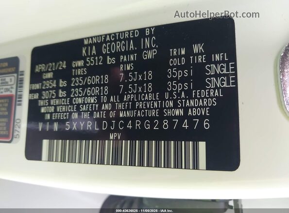 5XYRLDJC4RG287476 2024 KIA SORENTO White Engine compartment view