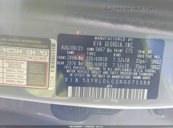 5XYRLDLC2NG071388 2022 KIA SORENTO Серый Вид подкапотного пространства