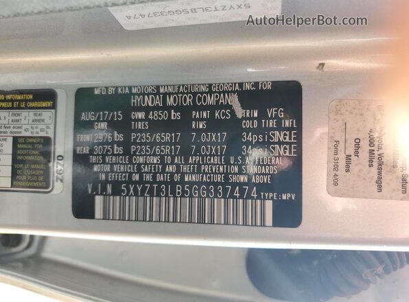 5XYZT3LB5GG337474 2016 HYUNDAI SANTA Silver Շարժիչի բաժամունքի տեսք