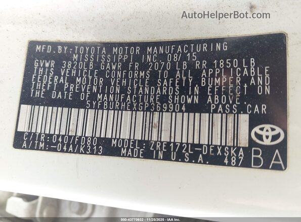 5YFBURHEXGP369904 2016 TOYOTA LL Белый Вид подкапотного пространства