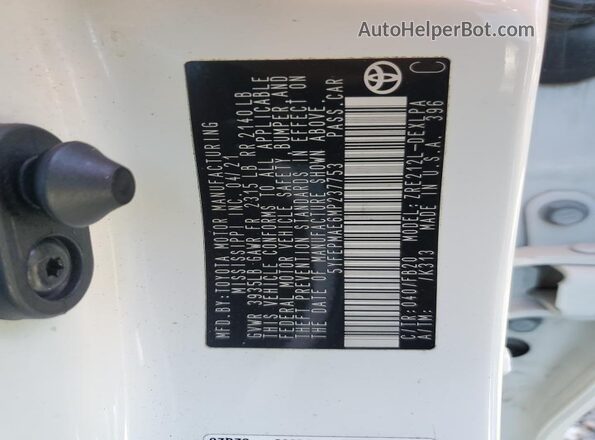 5YFEPMAE6MP237753 2021 TOYOTA LL White VIN sticker view