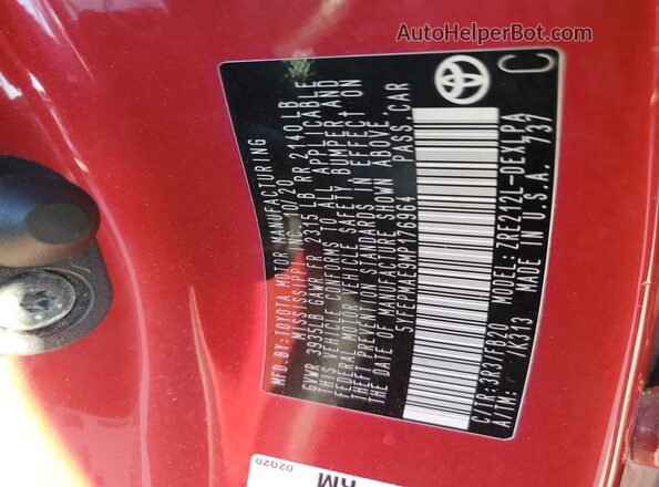 5YFEPMAE9MP176964 2021 TOYOTA LL Red Vista de la etiqueta del VIN