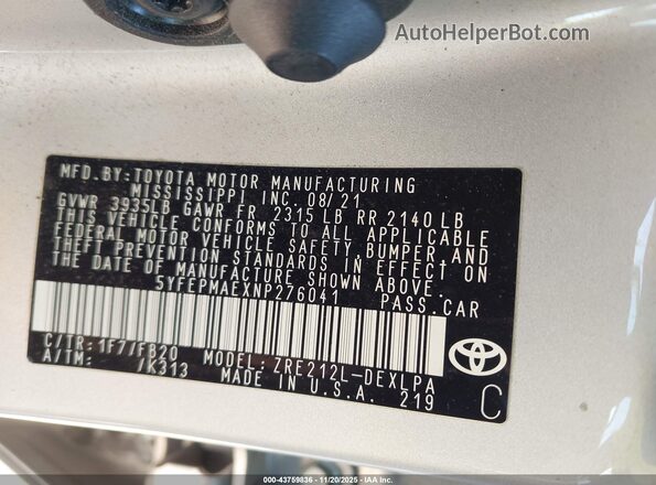 5YFEPMAEXNP276041 2022 TOYOTA LL Silver Engine compartment view