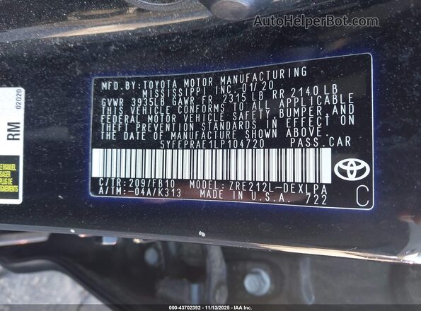 5YFEPRAE1LP104720 2020 TOYOTA LL Black Вид підкапотного простору