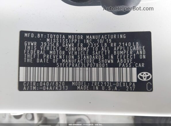 5YFEPRAE2LP078001 2020 TOYOTA LL Black Vista del compartimento del motor
